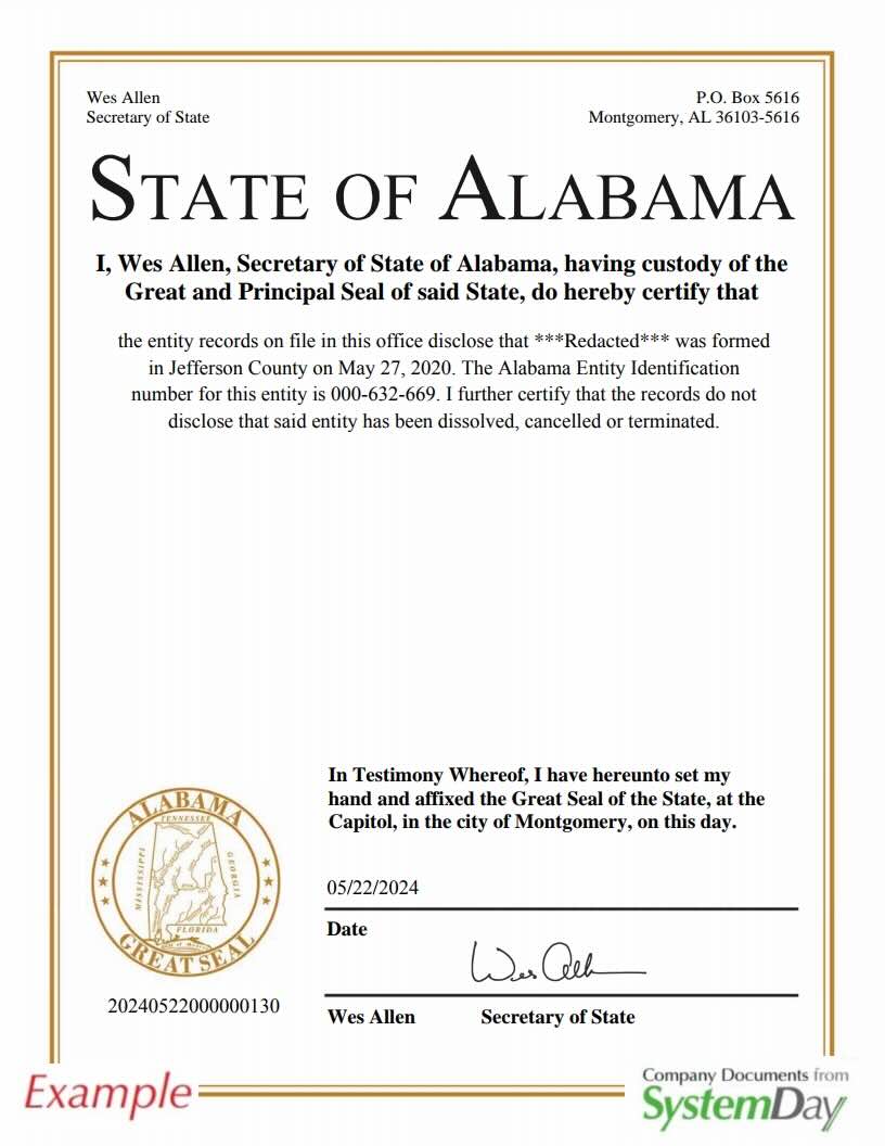 Certificate of Good Standing Alabama example