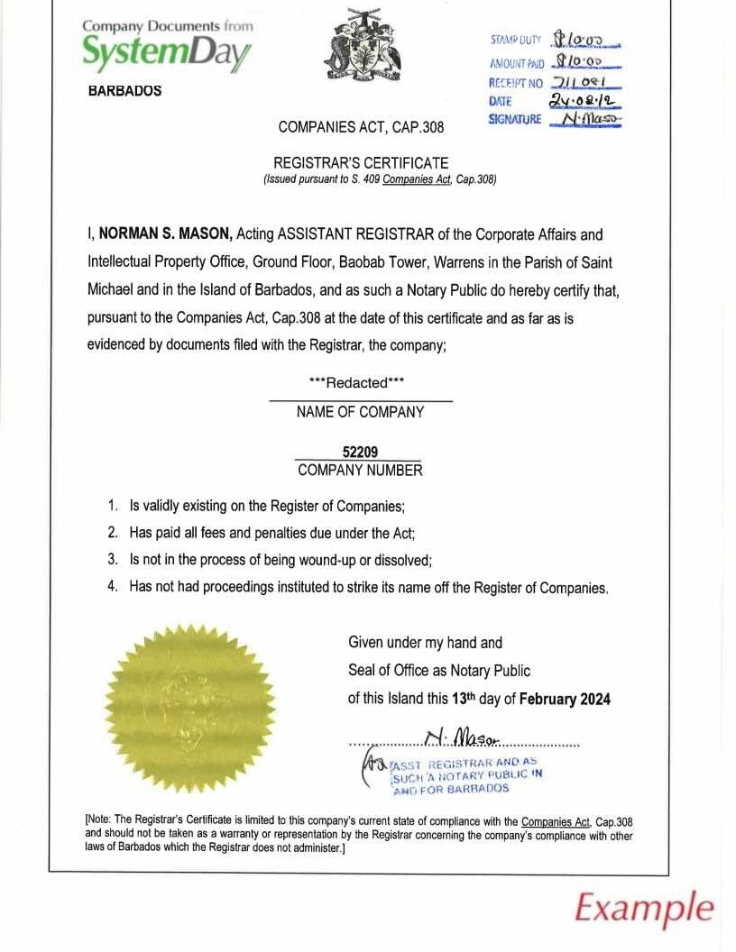 Certificate of Good Standing Barbados example