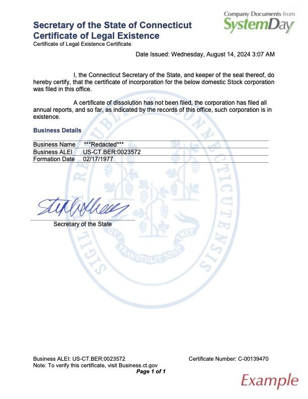 Certificate of Good Standing Connecticut example