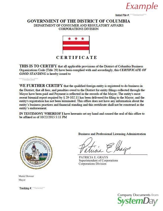 Certificate of Good Standing DC example