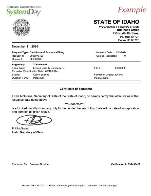 Certificate of Good Standing Idaho example