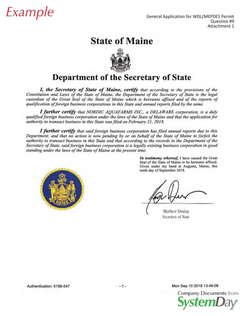 Certificate of Good standing Maine example
