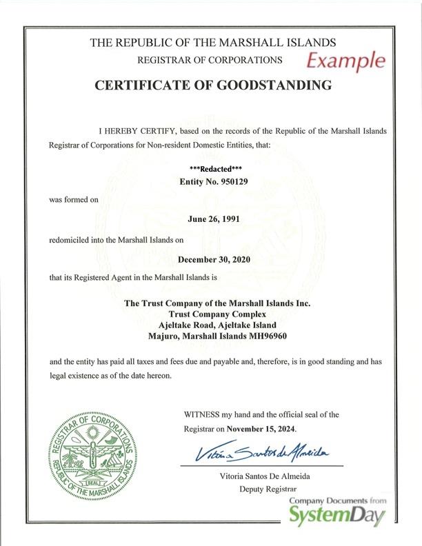 Certificate of Good Standing Marshall Islands example