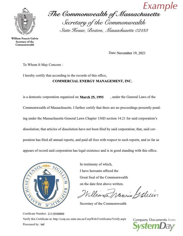 Certificate of Good Standing Massachusetts example