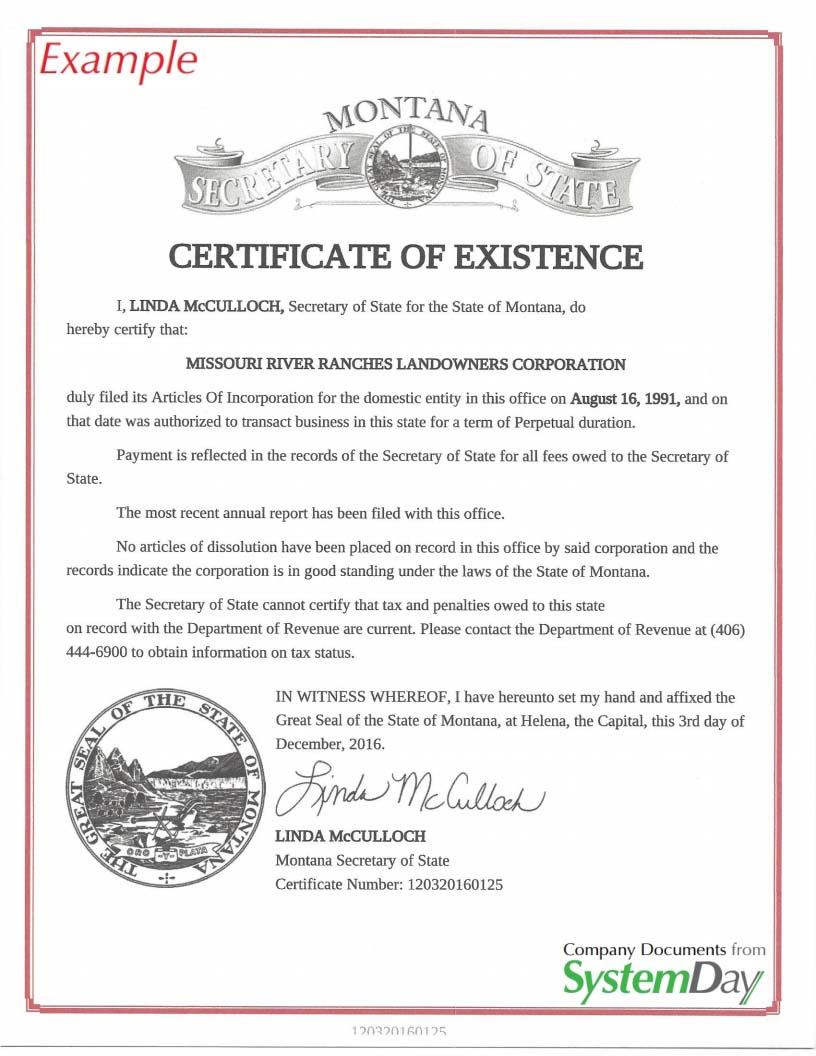 Certificate of Good Standing Montana example