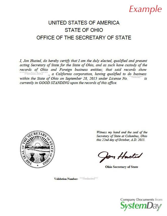Certificate of Good Standing Ohio example