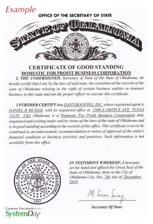 Certificate of Good Standing Oklahoma 