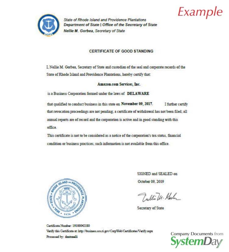 Certificate of Good standing Rhode Island example