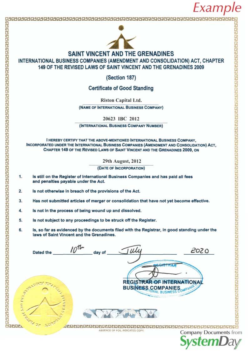 Certificate of Good Standing St Vincent example