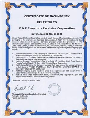 Seychelles certificate of incumbency