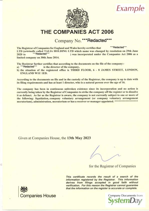 Certificate of Good Standing UK example