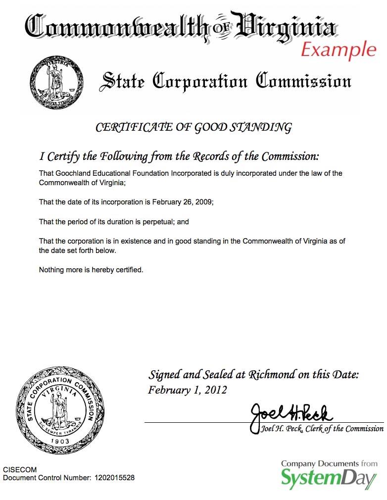 certificate of Good Standing Virginia example