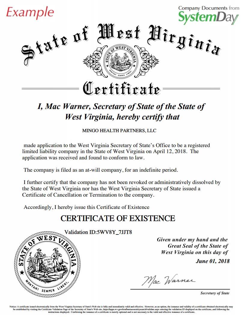Certificate of Good Standing West Virginia example